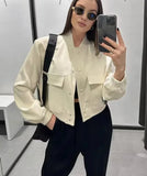 Getadme Women Fashion With Pockets Bomber Jacket Coats Vintage Long Sleeve Front Button Casual Female Outerwear Chic Tops