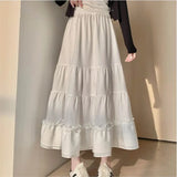 Summer Women Chiffon Skirts Vintage High Waist Elastic Patchwork White Black Chic Long Cake A-line Skirt for Student N5860