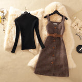 Streetwear Two Piece Dress Women Autumn Winter Sweater Wool Knee-Length Spaghetti Strap With Belt Elegant Party Vestidos