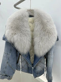 Hot Sales New Fashion Denim Goose Down Big White Fox Fur Collar Detachable Goose Down Filling Inner Lining High-End Jacket