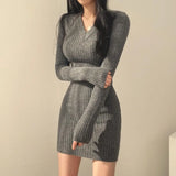 Getadme-Women Retro Knitted Mini Bodycon Solid Color V-Neck Long Sleeve Wrapped Hip Dress Autumn Winter Slim Sweater Vestido