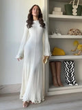 Women Solid Ruffles Knitted Dress Loose Elegant O Neck Long Trumpet Sleeve Maxi Dresses 2024 New Spring Summer Female Knitwear