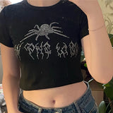 Spider Rhinestone Summer Crop Tops Black Y2k Streetwear Sexy Short Sleeve Tight Tshirts For Women Slim Baby Tee 2000s Clothes