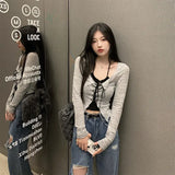 Korean Two Piece Suit Suspender Cardigan Women's Autumn Sexy V-neck Slim Y2K Crop Long Sleeve Cross Bandage Knit Tops