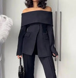 Getadme Two Piece Sets for Women Autumn New Fashion Street One Shoulder Irregular Blazer Suit and Commuting Straight Long Pants Set