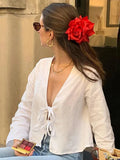 Lace Up Bow Blouses Summer 2024 Woman Chic Long Sleeve Linen Ladies Tops Solid Loose Hollow Out V Neck Korean Spring Streetwear