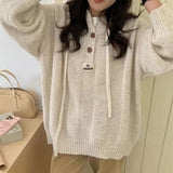 Hooded Retro Women Sweater Harajuku Korean Fashion Drawstring Kintted Pullovers Loose Solid Color Autumn Winter Casual