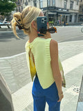 Up Casual Elegant Pullover Summer Autumn Chic Knitwears Yellow Knit O-neck Sleeveless Cropped Top Vest Sexy Backless Lace