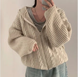 Y2k Causal Vintage Knitted Cardigan Women Korean Style Fashion Streetwear Zipper Solid Basic Hooded Loose Sweater 2024