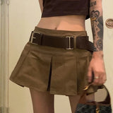 Getadme-Brown Belted Mini Skirt Low Waisted Pleated Skirt with Belt Women Academia Aesthetic Vintage Outfit