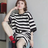 Summer Women Oversized Clothing Sets Short Sleeve Tshirt + Shorts 2Pcs Streetwear Striped Loose Tee Tops Sports Casual Suit