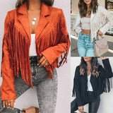 Getadme Women's Suede Jacket Women Indie Folk Tassel Spring/Autumn Crop Coat Women Fringed Long-sleeved Bohemian Ethnic Jackets Brown