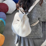 Getadme- Sweet Cute Soft Plush Shoulder Bag White Harajuku Style Drawstring Backpack New Large Capacity Elegant Literary Handbag