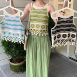 Striped Knitted Tank Top Cotton Vintage Hollow Small Vest National Style Tassel Short Sleeves Summer