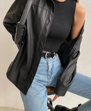 Getadme Celmia Women PU Leather Jackets Autumn Long Sleeve Lapel Outerwear Casual Street Overshirts Fashion Faux Leather Black Tops