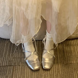 Women Silver Ballet Shoes Spring Autumn Elegant Buckle Square Toe Flats Spring Autumn Party Slip on Loafers Zapatos Planos Mujer