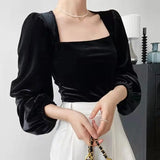 Getadme-Elegant Black Flannel Blouses Women Vintage Lantern Puff Sleeve Velvet Shirts Female French Style Square Collar Tops