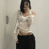 Getadme-Coquett Y2K Women's Knit Sweater Hollow Out Knitwear V Neck Pullovers Spring See Through Jumper Harajuku Fashion Grunge