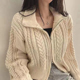 Vintage Zipper Women Sweaters Solid Korean Fashion Long Sleeve Knitted Cardigan Loose Preppy Knitwear Autumn Casual