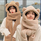 Getadme-Fashion Winter Women Novelty Beanies Caps Warm Bear Ear Hat Casual Plush Hat Scarf Set Casual Solid Women Caps Present