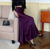 2024 Elegant Autumn Winter Purple Satin Long Skirt New French Fashion Women's High Waist Gloss Slim Bodycon Party Mermaid Skirts