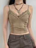 Getadme-y2k Lace Mini Vest Women Spaghetti Strap Khaki Crop Top Women Harajuku Basic Casual Sweats Vintage Chic Camis Summer