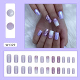 Getadme Long Square False Nails New Golden Pink Butterfly Aurora French Nail Tips Detachable Full Cover Press on Nails DIY