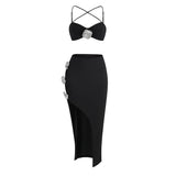 Getadme-Fashionable party dress with 3D floral suspender, luxurious solid color suspender, two-piece evening dress set