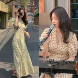 New V-neck Print Long Dress Woman Sweet High Waist Vintage Dresses Summer Korean Elegant Short Puff Sleeve Robe Femme