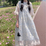 Girl Style Sweet Cute Summer Women Dress Lace Embroidery Flower Doll Collar Aesthetics Loose Female Long Dresses 2024 New