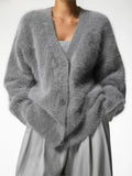 Getadme-Fashion New Knitted Angola Cardigan Women Luxe Mink Oversized Soft V-neck Long Sleeve Sweater Single Breasted Solid Knitwears