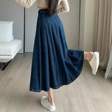 New Women Spring Summer Vintage Pleated Skirt Fashion High Waist All-match A-Line Denim Skirt Casual Loose Dark Blue Long Skirt