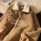 Getadme Vintage Lamb Wool Sweatshirt Women Embroidery Letter Hoodies Winter Warm Fleece Coat Women Fashion Oversized Baseball Streetwear