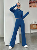 Getadme-2024 Spring Knitted 2 Piece Sets Women Tracksuit Long Sleeve Vintage Sweater Crop Top Flare Pants Stretch Matching Suit Outfit