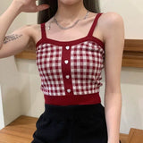 Plaid Button Tank Tops Spaghetti Strap Women Summer Fashion Y2K Cute Korean Knitted Tight Sleeveless Vest Crop Top Female