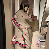 Getadme- 2 Piece Harajuku Women Casual Sports Striped Pant Sets Spring Autumn Preppy Style Embroidered Love Loose Korean Fashion Top Suit