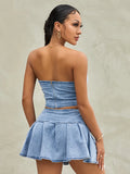 Women's Summer 2PCS Outfit Sets Solid Color Sleeveless Off Shoulder Zipper Bandeau + Pleated Denim Skirt