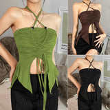 Women Summer Tank Tops Solid Color Cross Halter Neck Drawstring Irregular Crop Tops for Ladies Black/Green/Brown