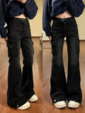 Getadme 2 Black Cargo Flare Jeans Women Streetwear Vintage Baggy Korean High Waist Denim Pants Y2k Causal Kpop Wide Leg Trousers