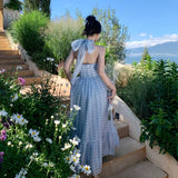 Summer Blue Plaid Maxi Women Dress Slim Backless Party Vacation Long Dress Female New Elegant Chic Prom Lady Chiffon Dress