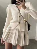 Getadme-Casual Knitted 2 Piece Set Single Breasted V-neck Top + High Waist Mini Pleated Skirt Autumn Spring Korean Fashion Solid Outfits