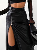 Getadme-Black PU Leather High Waist Pencil Skirts Vintage Grunge Women Streetwear Zipper High Split Bodycon Midi Skirt with Belt