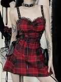 Red Plaid Lolita Dress Women Aesthetic Mall Goth Vintage Lace Patchwork Bandage High Waist Corset Dress Partywear Female