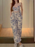 Getadme Sexy Y2k Floral Two Piece Top Pant Set Women Korean Casual High Street Summer Suits Elegant Mini Top Long Wide Leg Pants