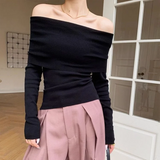 Getadme Black Solid Off Shoulder Elegant Long Sleeve Tops Korean Fashion Slim Sexy Cropped T Shirt Women Autumn Y2k Clothing Skinny Top