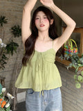 Women Linen Sweet Babydoll Ruffle Crop Sleeveless Top Thin Strap Front Bow Flowy Camis Female Korean Tank Top