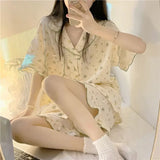 Getadme-Flower Print Sleepwear Women Pajama Sets Korean Style Summer Piiama 2 Pieces Night Wears for Sleeping Student Cute Home Suit