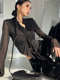 Long Flare Sleeve Blouses for Women Lace-up Mesh Sexy Sweet Hot Girls Korean Fashion Style All-match Solid Design Elegant Casual