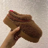 Getadme New Women Fur Slippers Ankle Boots Flats Platform Short Plush Warm Flip Flops Cotton Shoes Designer Brand Winter Snow Botas