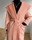 Getadme-Autumn Mid-length Hooded Coat Women Black Water Ripple Cashmere Coat Female New Winter Casual Lace-up Loose Beige Coat Classic